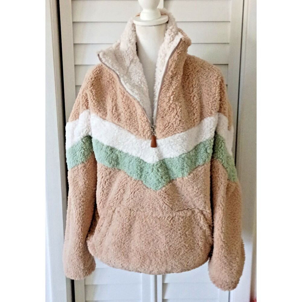 Bluivy Chevron Sherpa 1/4 zip tan green white jacket Kanga pocket S